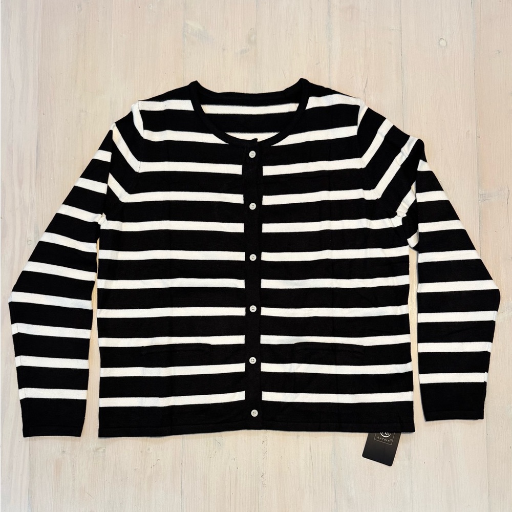Rapbin Black & White Striped Button Cardigan Sweater